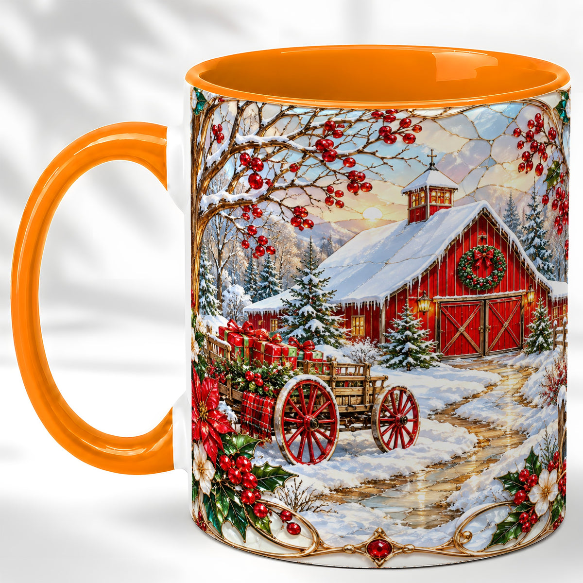 #pl[11oz|Orange] Christmas Red Barn Coffee Mug, Winter Farm Mug, Ceramic Cup