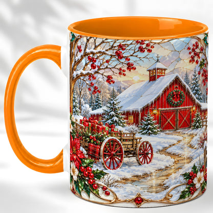 #pl[11oz|Orange] Christmas Red Barn Coffee Mug, Winter Farm Mug, Ceramic Cup