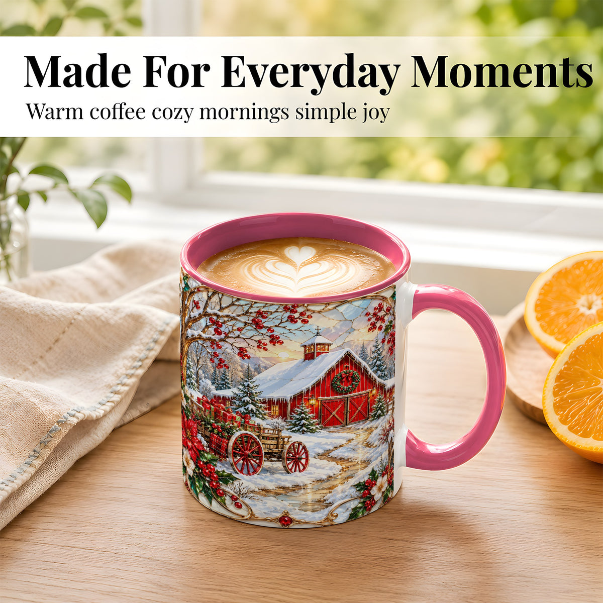 #pl[11oz|Pink] Christmas Red Barn Coffee Mug, Winter Farm Mug, Ceramic Cup