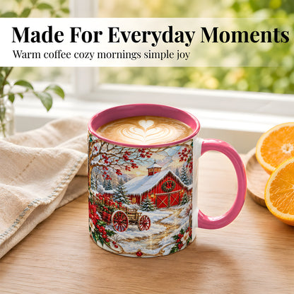 #pl[11oz|Pink] Christmas Red Barn Coffee Mug, Winter Farm Mug, Ceramic Cup