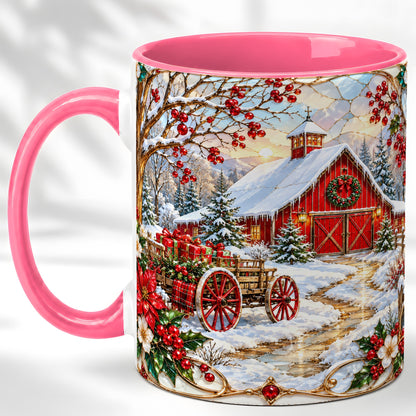 #pl[11oz|Pink] Christmas Red Barn Coffee Mug, Winter Farm Mug, Ceramic Cup