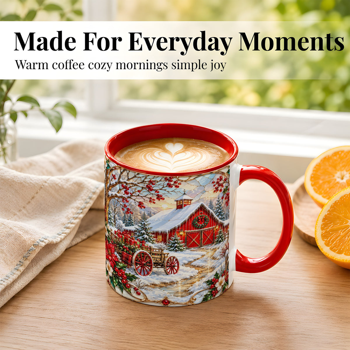 #pl[11oz|Red] Christmas Red Barn Coffee Mug, Winter Farm Mug, Ceramic Cup