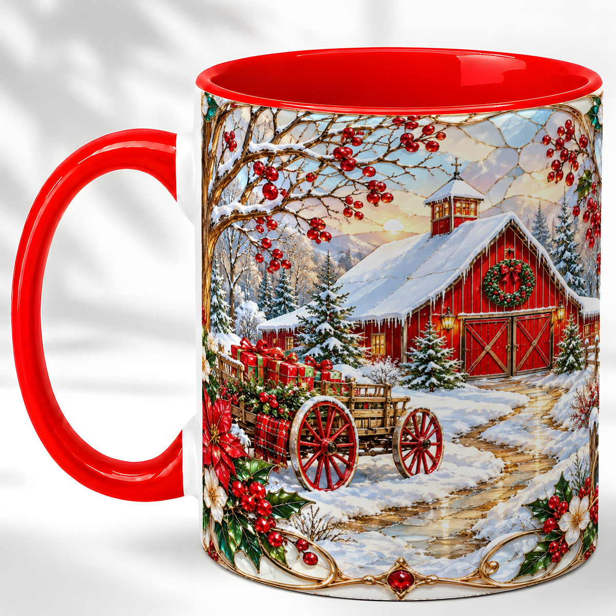 Christmas Red Barn Coffee Mug, Winter Farm Mug, Ceramic Cup
