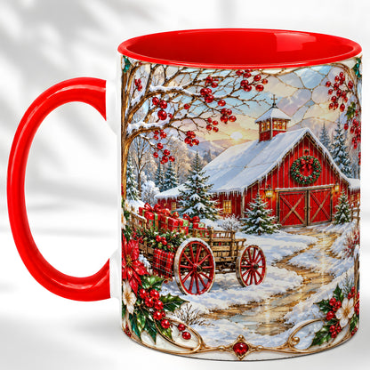 Christmas Red Barn Coffee Mug, Winter Farm Mug, Ceramic Cup