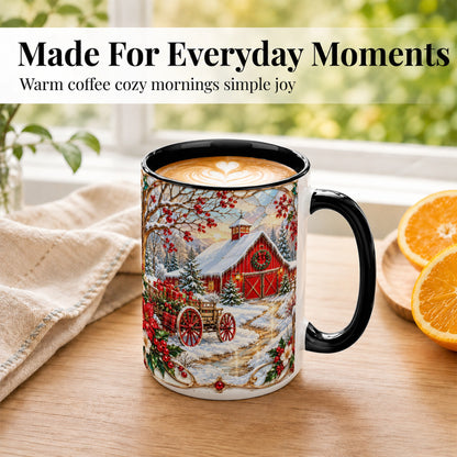 #pl[15oz|Black] Christmas Red Barn Coffee Mug, Winter Farm Mug, Ceramic Cup