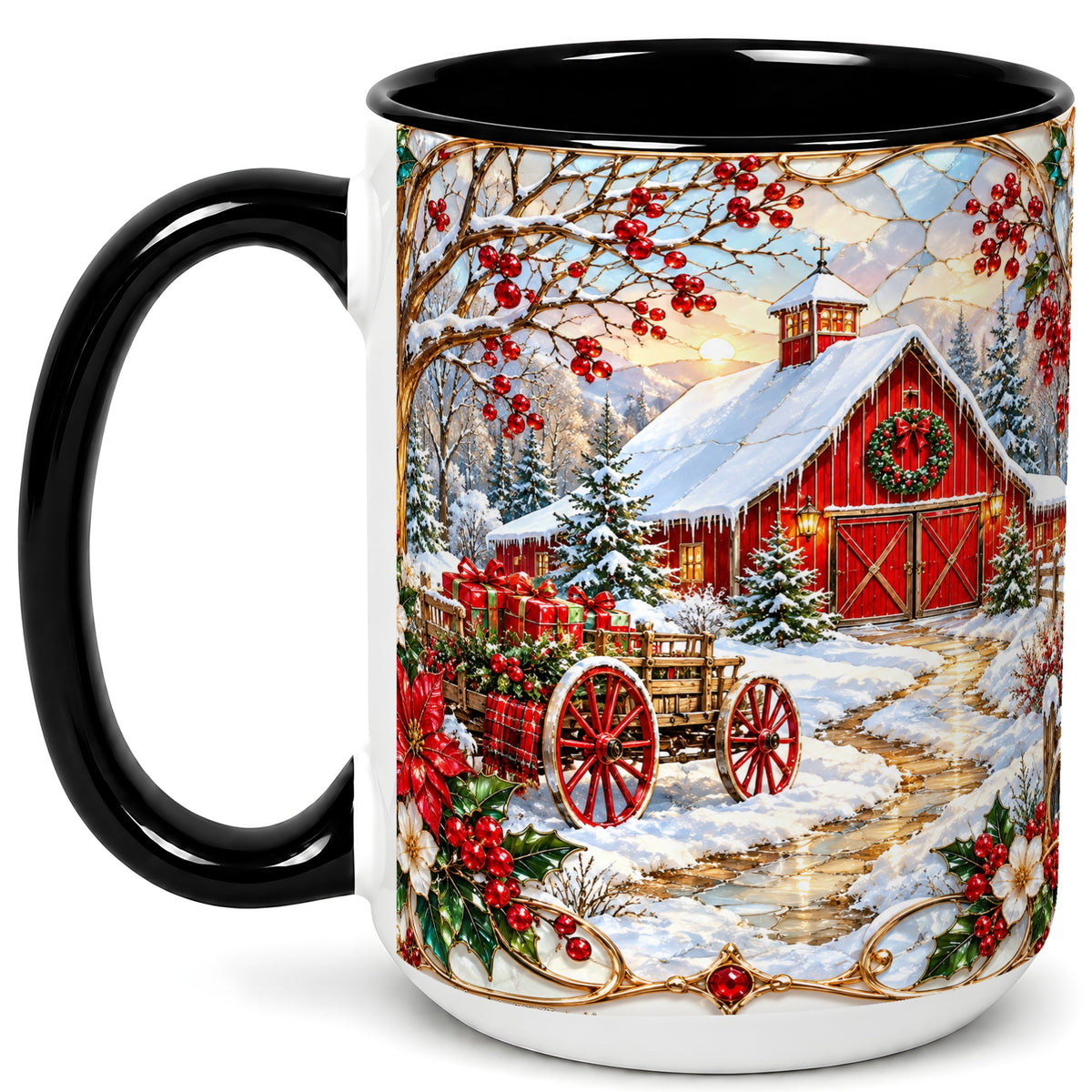 #pl[15oz|Black] Christmas Red Barn Coffee Mug, Winter Farm Mug, Ceramic Cup