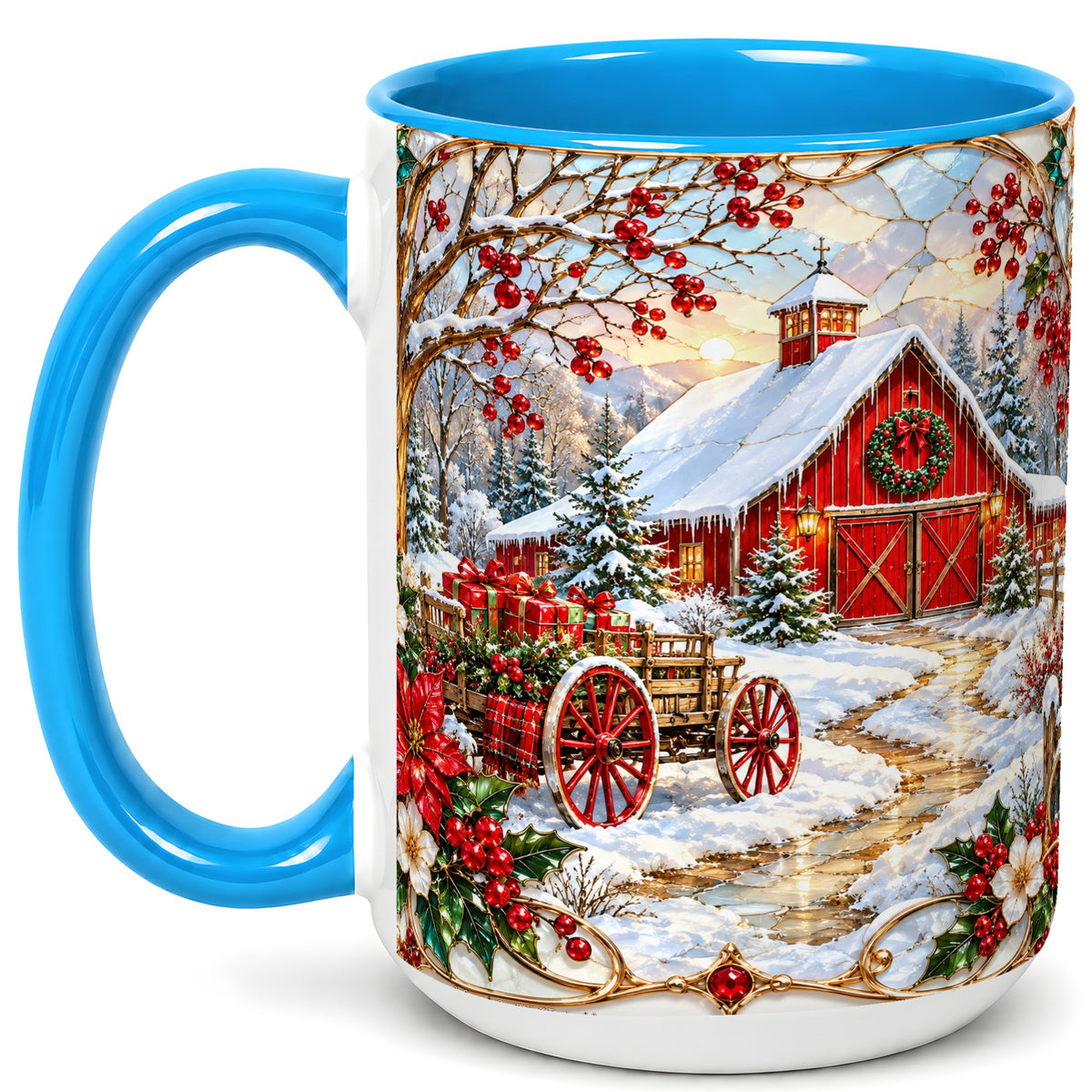 #pl[15oz|Blue] Christmas Red Barn Coffee Mug, Winter Farm Mug, Ceramic Cup