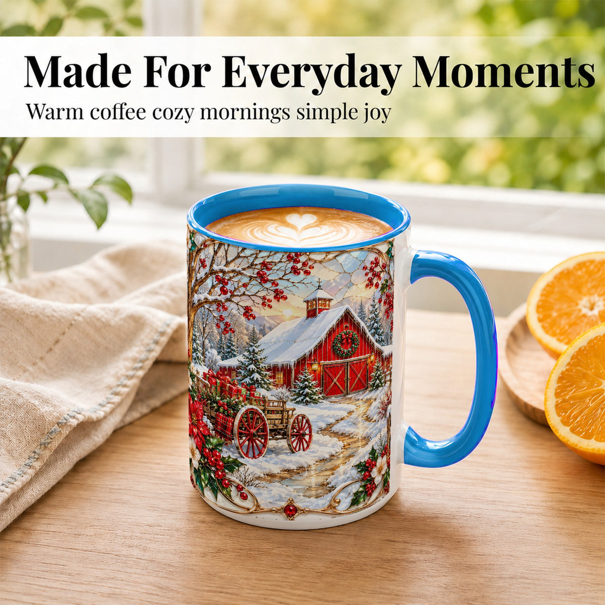 #pl[15oz|Blue] Christmas Red Barn Coffee Mug, Winter Farm Mug, Ceramic Cup