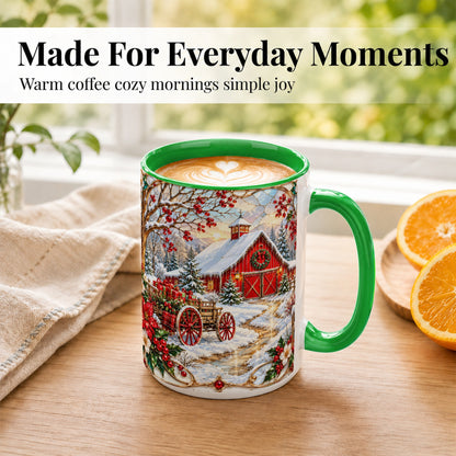 #pl[15oz|Green] Christmas Red Barn Coffee Mug, Winter Farm Mug, Ceramic Cup