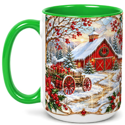#pl[15oz|Green] Christmas Red Barn Coffee Mug, Winter Farm Mug, Ceramic Cup