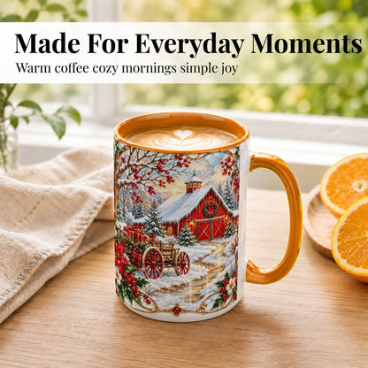#pl[15oz|Orange] Christmas Red Barn Coffee Mug, Winter Farm Mug, Ceramic Cup