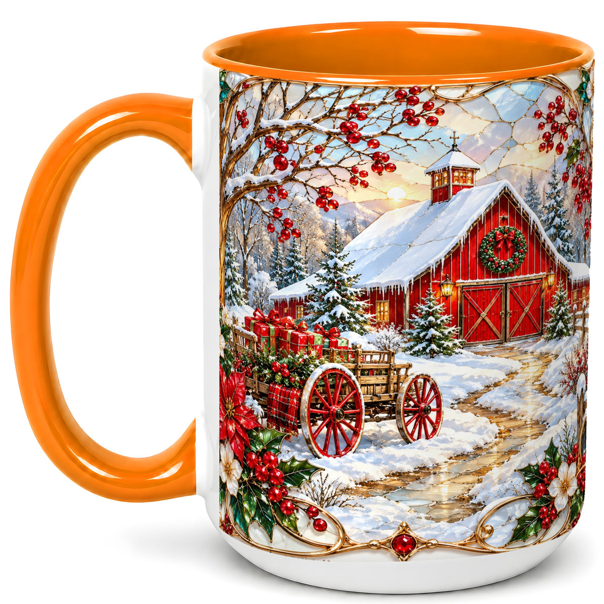 #pl[15oz|Orange] Christmas Red Barn Coffee Mug, Winter Farm Mug, Ceramic Cup