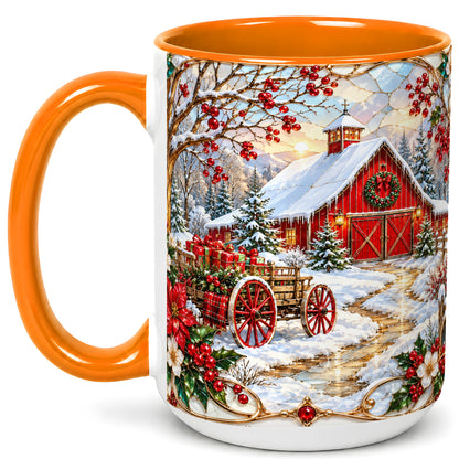 #pl[15oz|Orange] Christmas Red Barn Coffee Mug, Winter Farm Mug, Ceramic Cup