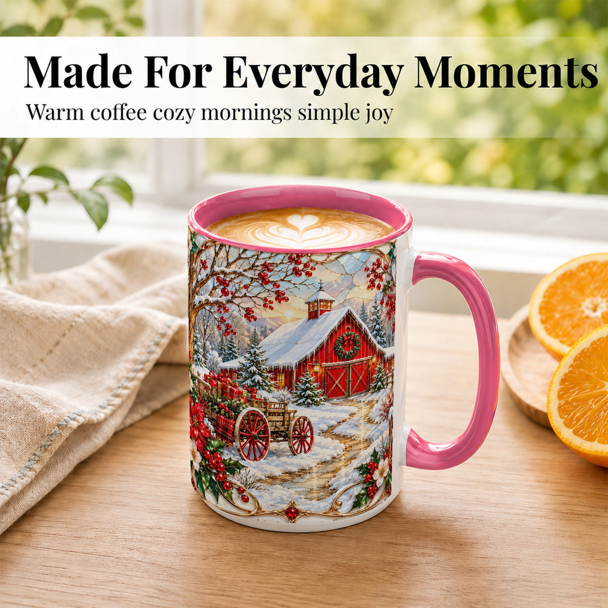 #pl[15oz|Pink] Christmas Red Barn Coffee Mug, Winter Farm Mug, Ceramic Cup