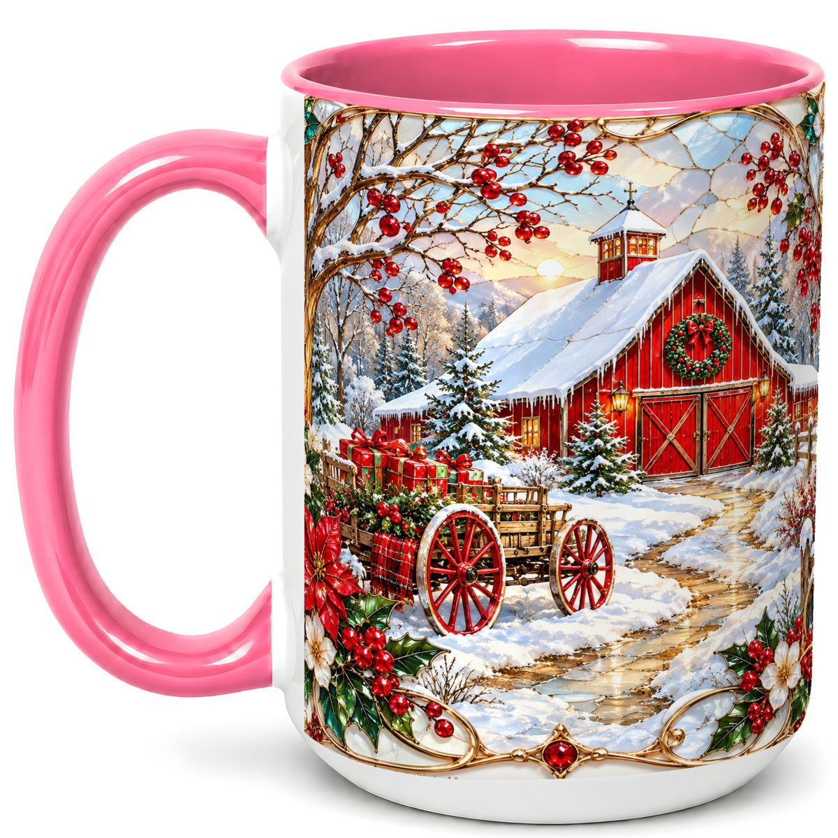 #pl[15oz|Pink] Christmas Red Barn Coffee Mug, Winter Farm Mug, Ceramic Cup