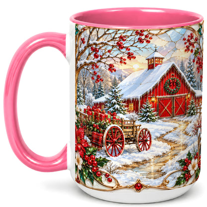 #pl[15oz|Pink] Christmas Red Barn Coffee Mug, Winter Farm Mug, Ceramic Cup