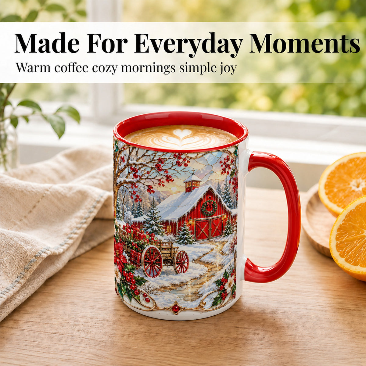 #pl[15oz|Red] Christmas Red Barn Coffee Mug, Winter Farm Mug, Ceramic Cup