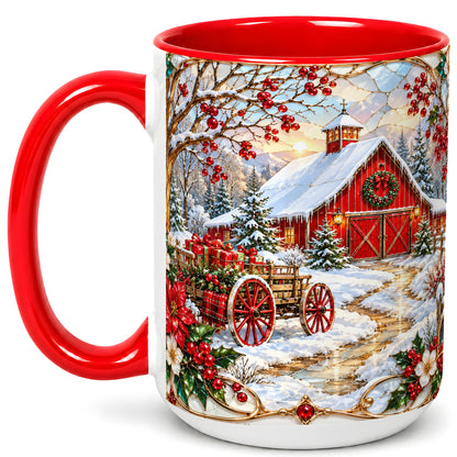 #pl[15oz|Red] Christmas Red Barn Coffee Mug, Winter Farm Mug, Ceramic Cup