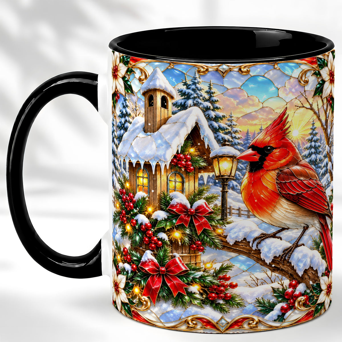 #pl[11oz|Black] Christmas Cardinal Coffee Mug, Winter Bird Mug, Ceramic Cup