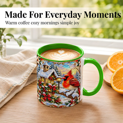 #pl[11oz|Green] Christmas Cardinal Coffee Mug, Winter Bird Mug, Ceramic Cup
