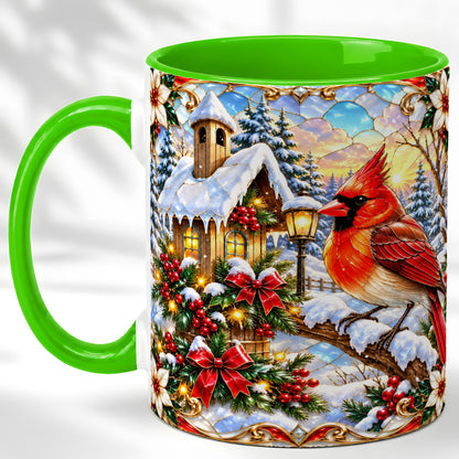 #pl[11oz|Green] Christmas Cardinal Coffee Mug, Winter Bird Mug, Ceramic Cup