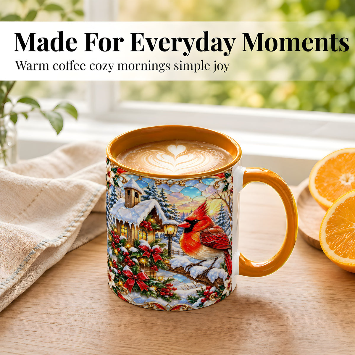 #pl[11oz|Orange] Christmas Cardinal Coffee Mug, Winter Bird Mug, Ceramic Cup