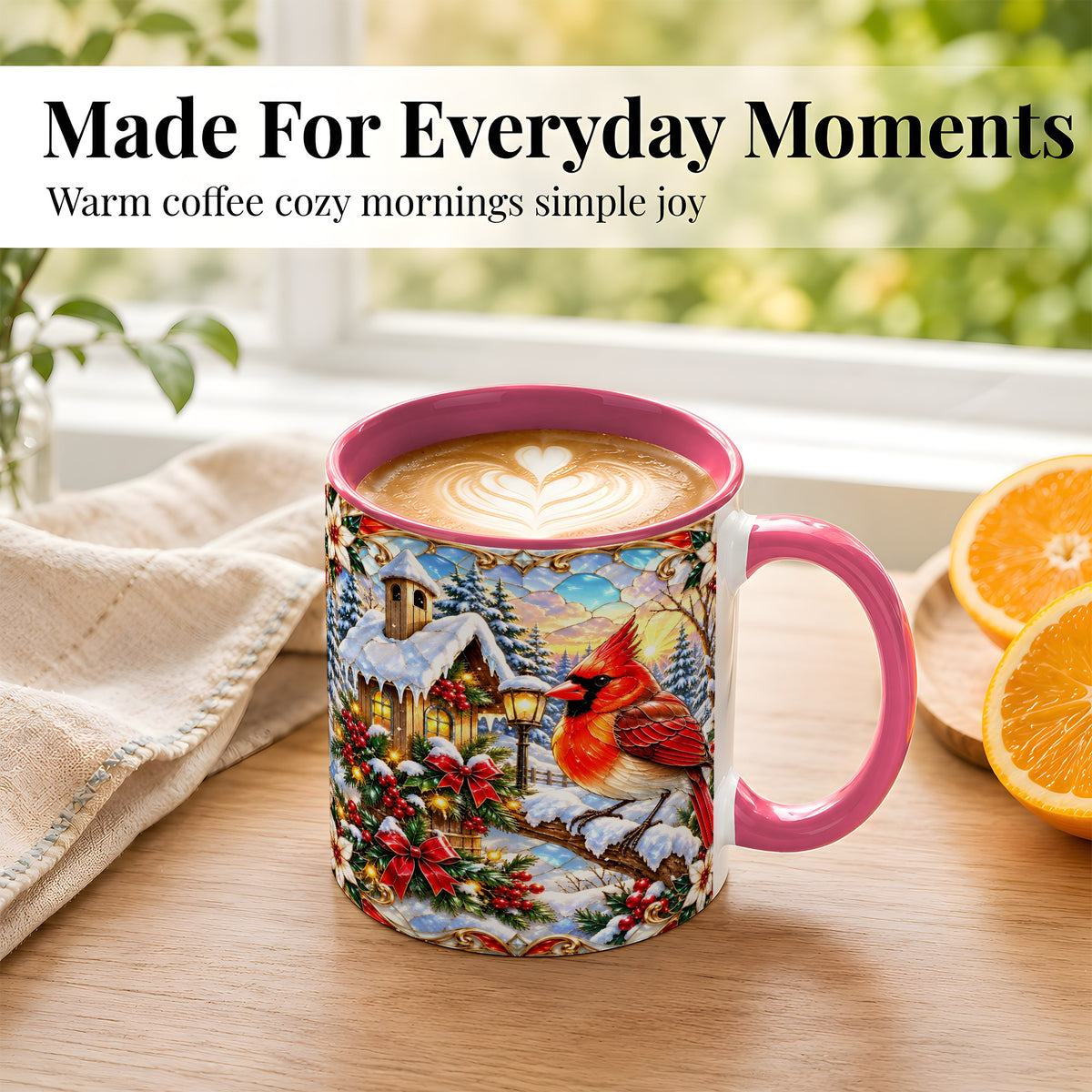 #pl[11oz|Pink] Christmas Cardinal Coffee Mug, Winter Bird Mug, Ceramic Cup