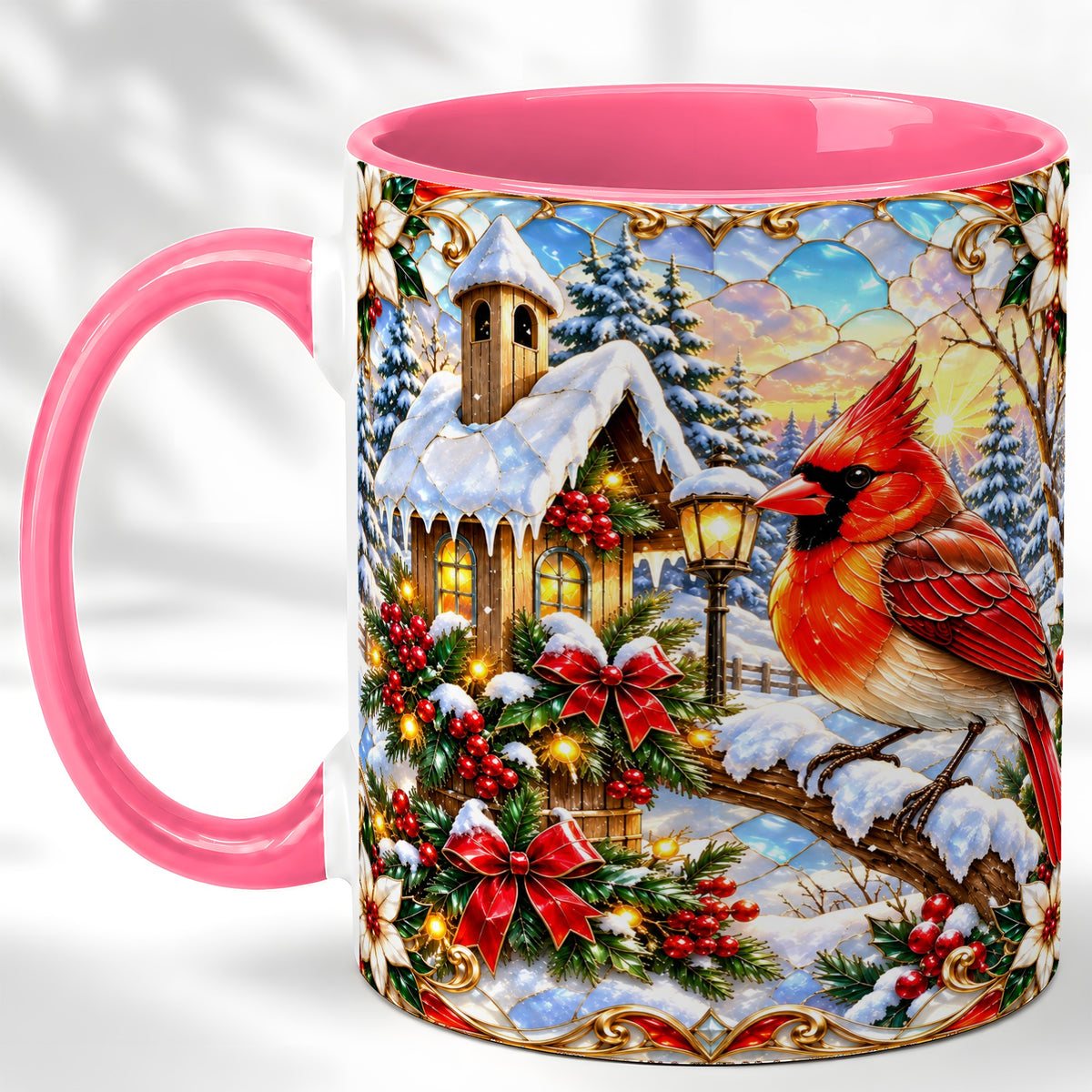 #pl[11oz|Pink] Christmas Cardinal Coffee Mug, Winter Bird Mug, Ceramic Cup