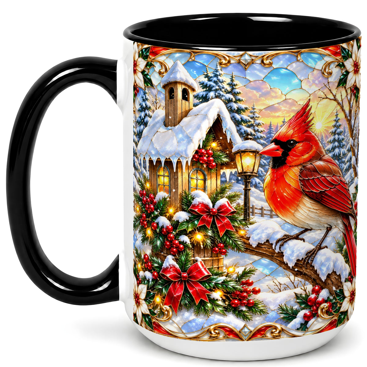 #pl[15oz|Black] Christmas Cardinal Coffee Mug, Winter Bird Mug, Ceramic Cup