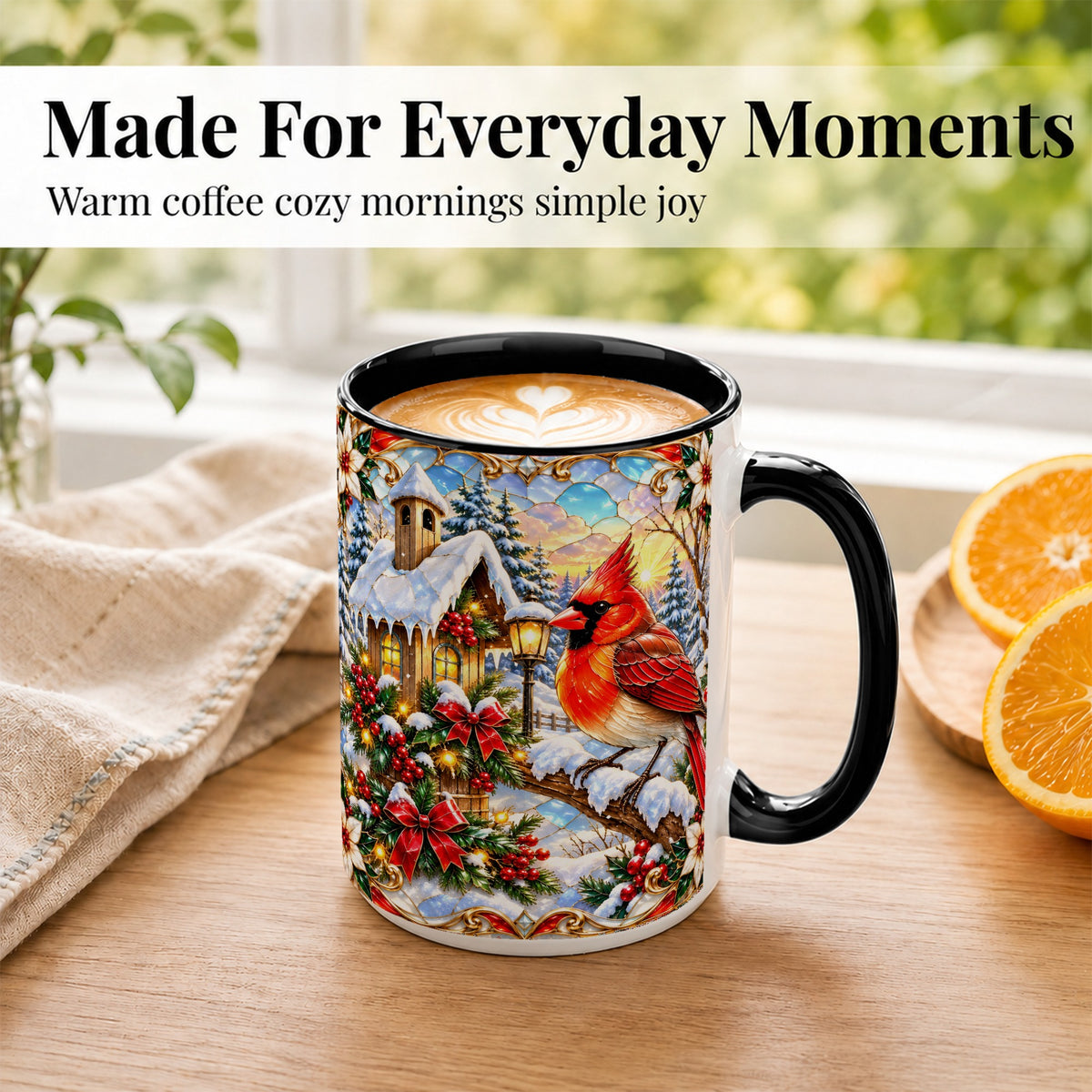 #pl[15oz|Black] Christmas Cardinal Coffee Mug, Winter Bird Mug, Ceramic Cup