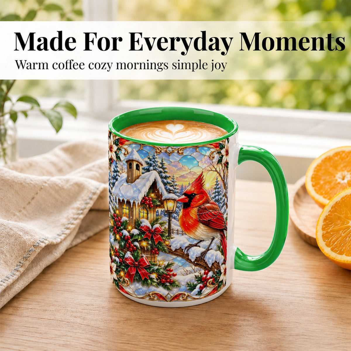 #pl[15oz|Green] Christmas Cardinal Coffee Mug, Winter Bird Mug, Ceramic Cup