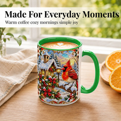 #pl[15oz|Green] Christmas Cardinal Coffee Mug, Winter Bird Mug, Ceramic Cup