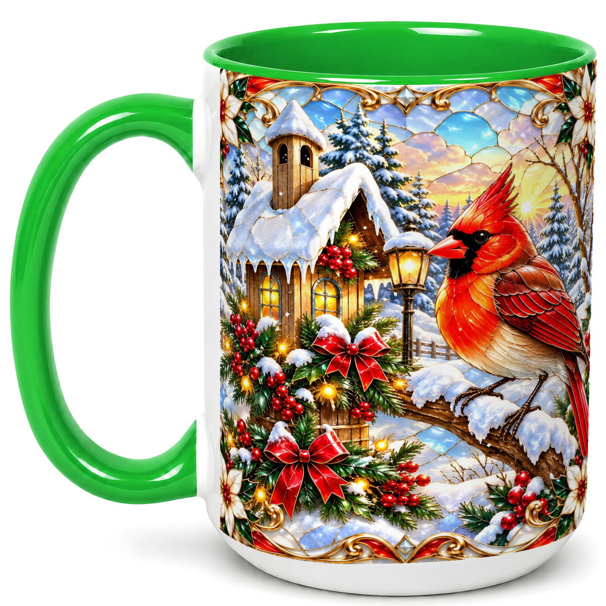 #pl[15oz|Green] Christmas Cardinal Coffee Mug, Winter Bird Mug, Ceramic Cup