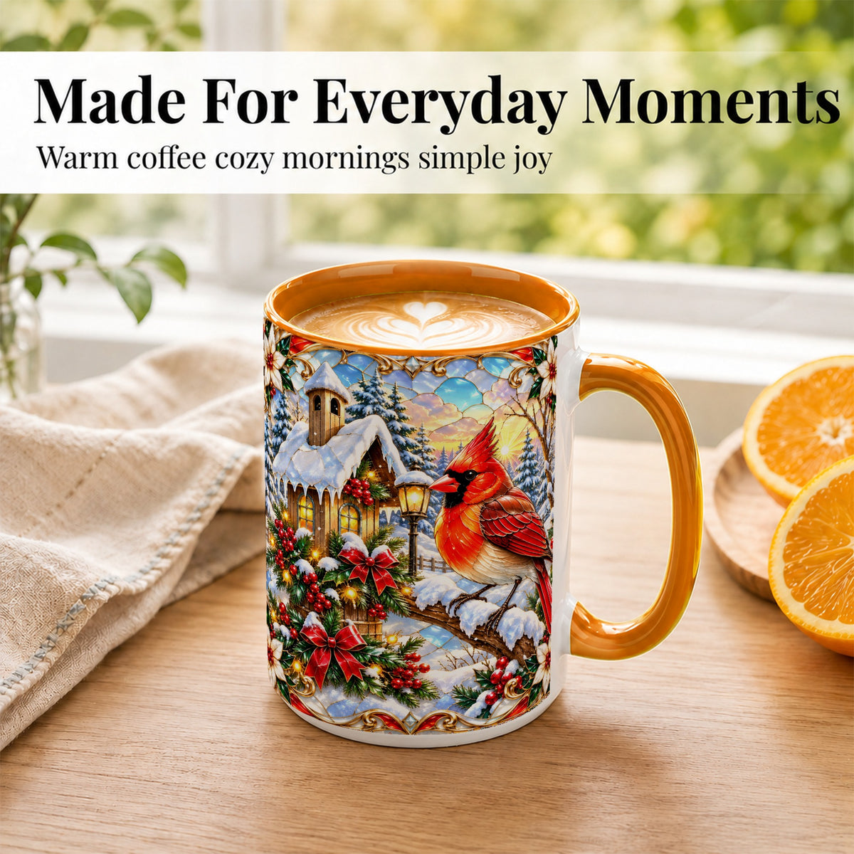 #pl[15oz|Orange] Christmas Cardinal Coffee Mug, Winter Bird Mug, Ceramic Cup