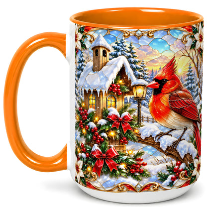 #pl[15oz|Orange] Christmas Cardinal Coffee Mug, Winter Bird Mug, Ceramic Cup