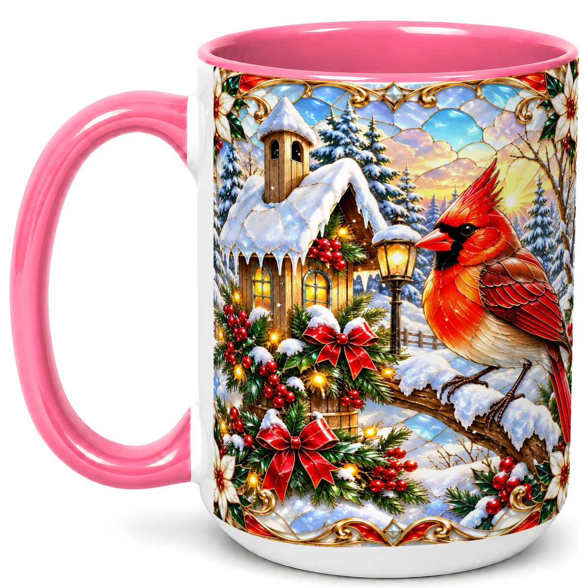 #pl[15oz|Pink] Christmas Cardinal Coffee Mug, Winter Bird Mug, Ceramic Cup