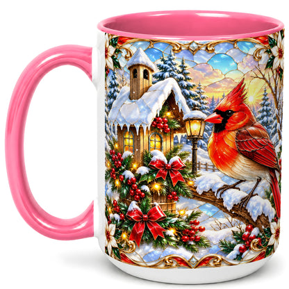 #pl[15oz|Pink] Christmas Cardinal Coffee Mug, Winter Bird Mug, Ceramic Cup