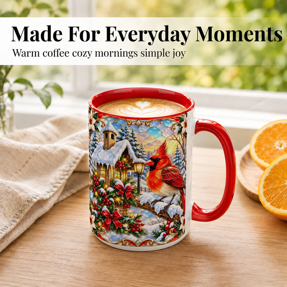 #pl[15oz|Red] Christmas Cardinal Coffee Mug, Winter Bird Mug, Ceramic Cup
