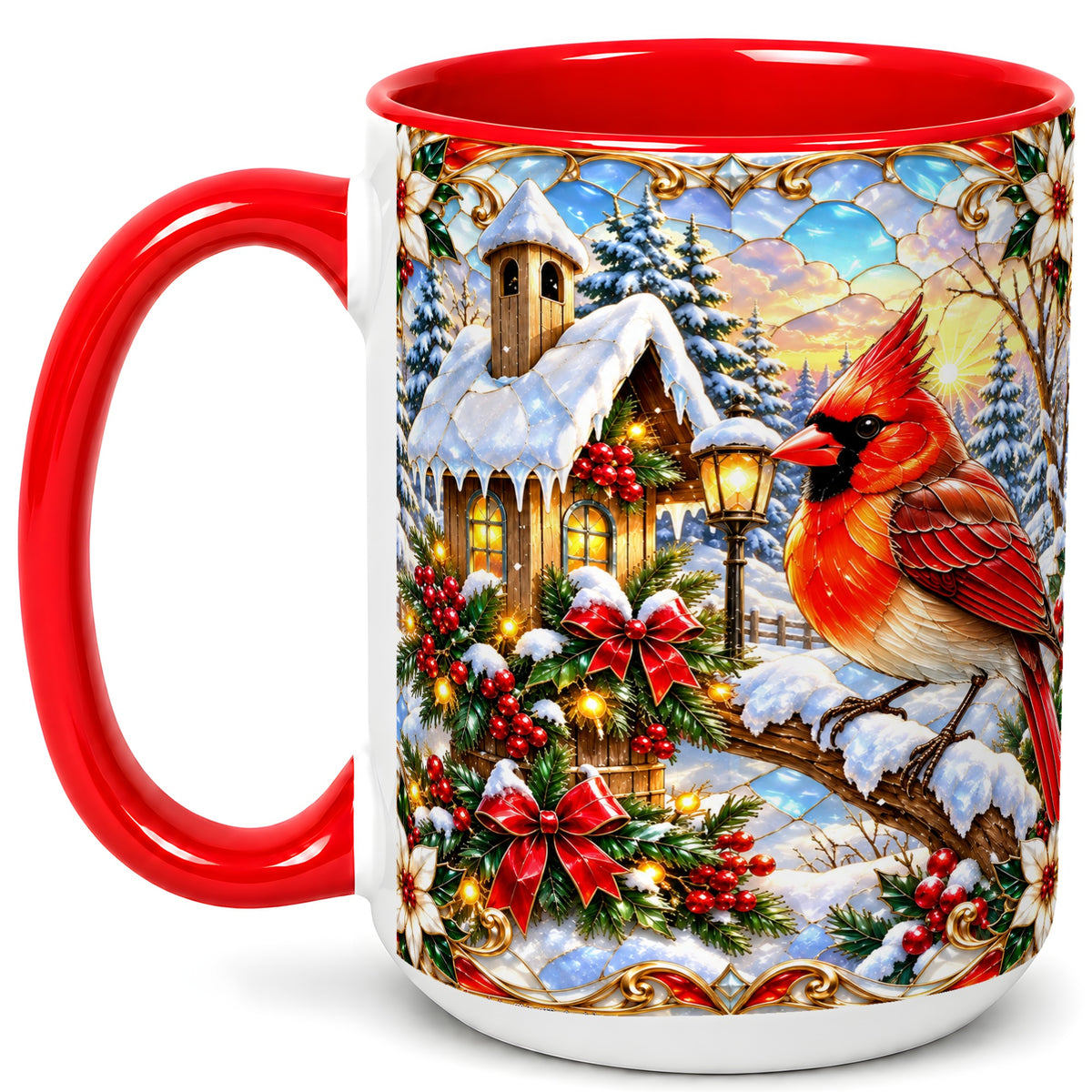 #pl[15oz|Red] Christmas Cardinal Coffee Mug, Winter Bird Mug, Ceramic Cup