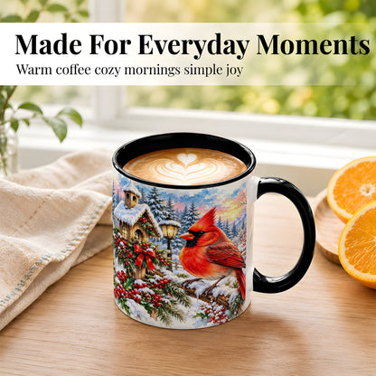 #pl[11oz|Black] Watercolor Cardinal Coffee Mug, Winter Bird Mug, Ceramic Cup