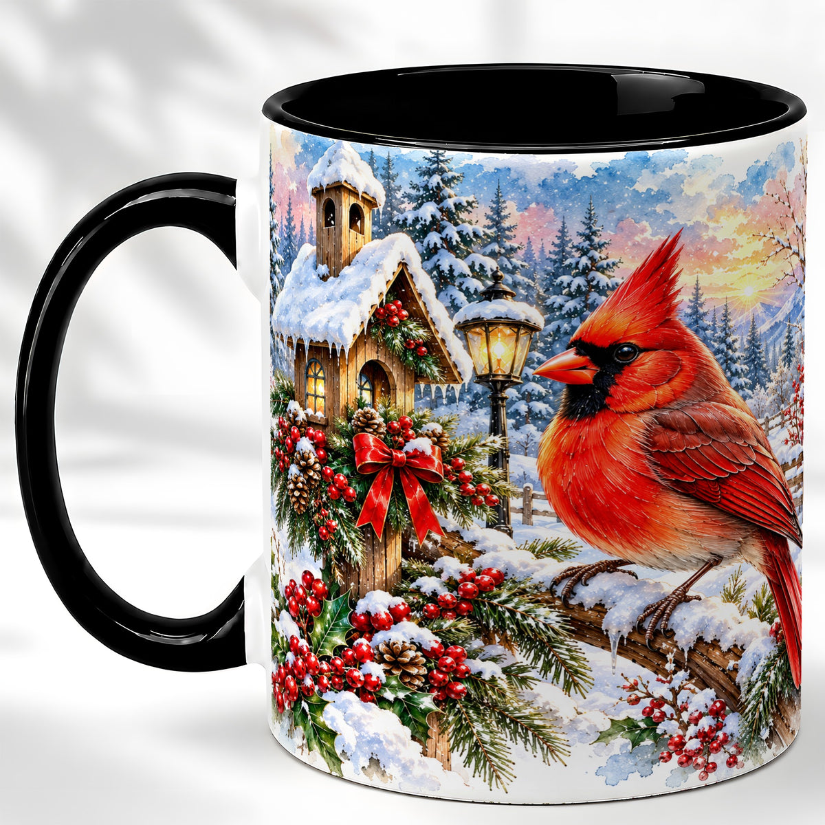 #pl[11oz|Black] Watercolor Cardinal Coffee Mug, Winter Bird Mug, Ceramic Cup