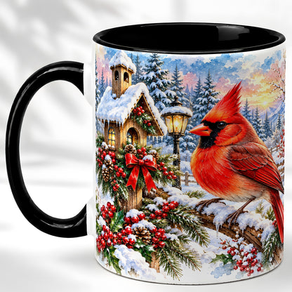 #pl[11oz|Black] Watercolor Cardinal Coffee Mug, Winter Bird Mug, Ceramic Cup