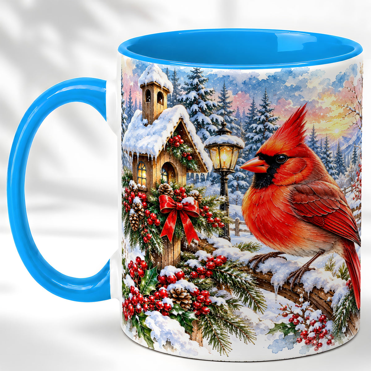 #pl[11oz|Blue] Watercolor Cardinal Coffee Mug, Winter Bird Mug, Ceramic Cup