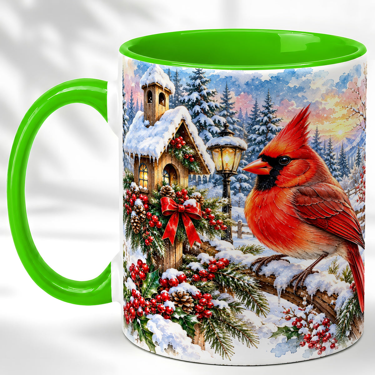 #pl[11oz|Green] Watercolor Cardinal Coffee Mug, Winter Bird Mug, Ceramic Cup