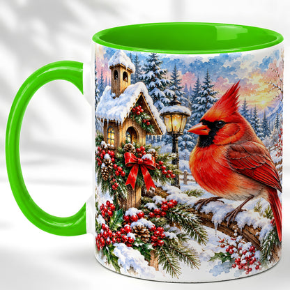 #pl[11oz|Green] Watercolor Cardinal Coffee Mug, Winter Bird Mug, Ceramic Cup