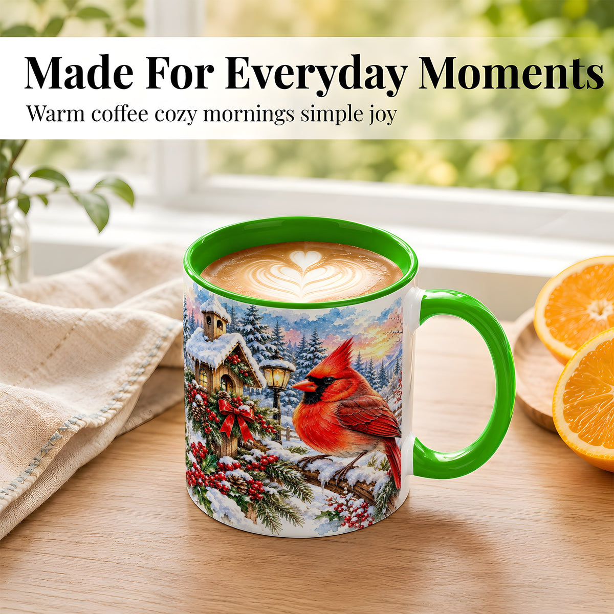 #pl[11oz|Green] Watercolor Cardinal Coffee Mug, Winter Bird Mug, Ceramic Cup