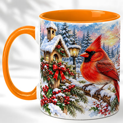 #pl[11oz|Orange] Watercolor Cardinal Coffee Mug, Winter Bird Mug, Ceramic Cup