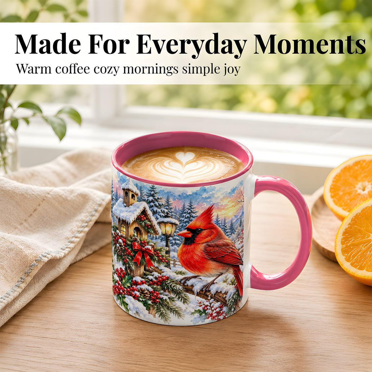 #pl[11oz|Pink] Watercolor Cardinal Coffee Mug, Winter Bird Mug, Ceramic Cup