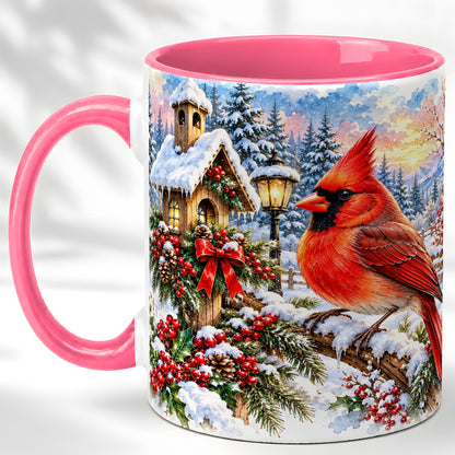 #pl[11oz|Pink] Watercolor Cardinal Coffee Mug, Winter Bird Mug, Ceramic Cup