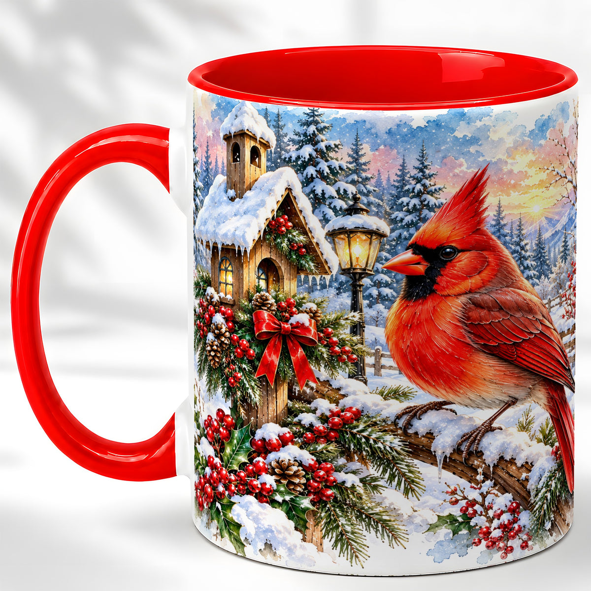 Watercolor Cardinal Coffee Mug, Winter Bird Mug, Ceramic Cup